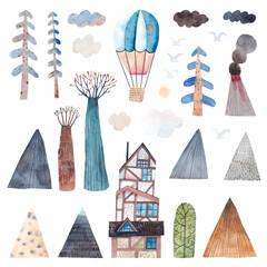 Set of cute nature elements for your design. Watercolor illustration. Decor for children's room.