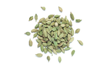 pile of green cardamom seeds isolated on white background, top view