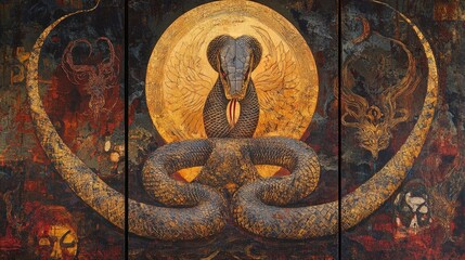 Artistic painting depicts a seated figure with elephant features and a snake.