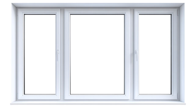 A three-paneled, white, rectangular window, digitally rendered on a transparent background