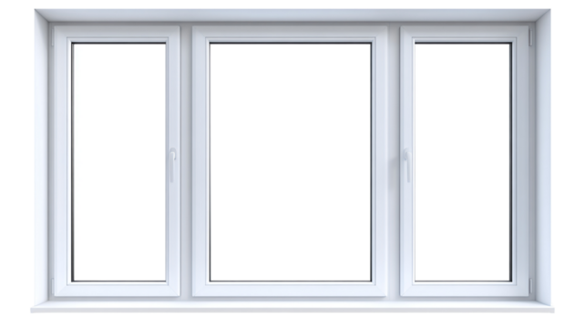 A three-paneled, white, rectangular window, digitally rendered on a transparent background