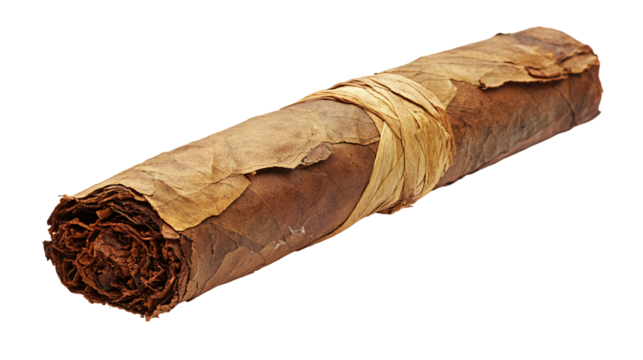 A tightly rolled, handcrafted tobacco product with an exposed end revealing the leaves within. A natural band secures the outer layers isolated on transparent or white background. Generative ai