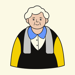 An elderly woman with white hair wearing a black and yellow sweater, smiling warmly. The illustration highlights senior happiness, warmth, and positive emotion.