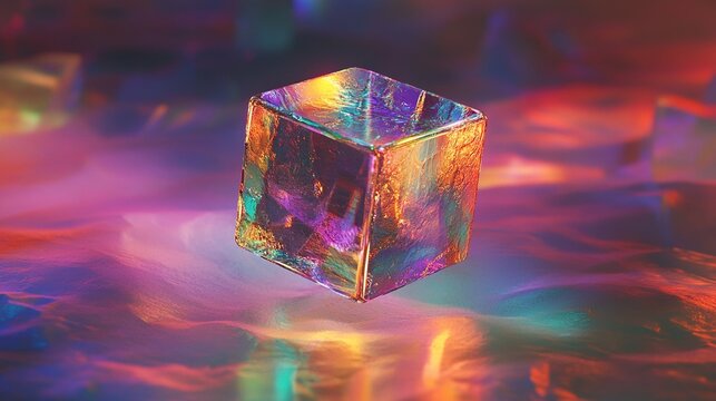 Holographic cube floats amidst vibrant, swirling colors