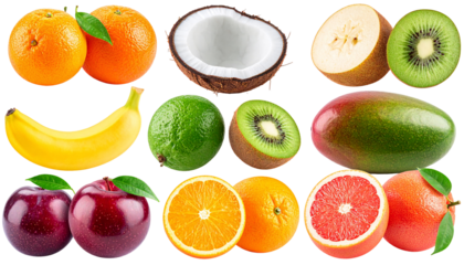 A vibrant collage showcasing a variety of fresh, whole, and halved fruits, including oranges, coconuts, kiwi, mango, banana, guava, plums, and grapefruit isolated on transparent or white background. 