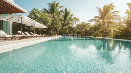 Luxurious Resort Poolside Paradise Tranquil Pool with Palm Trees and Comfortable Loungers