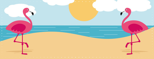 
Colorful summer vacation banner with flamingos on the beach. Hand drawn illustration. 
