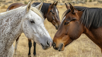Obraz premium Calgary Stampede Festival, Three Horses Nuzzling Affectionately in a Dry Field Wild Equine Herd