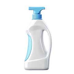 A white plastic bottle with a light blue pump top and handle, possibly containing cleaning solution or liquid soap.  The design is sleek and modern