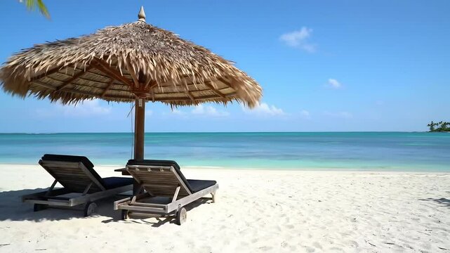 Tropical beach paradise with traditional thatched palm umbrella and wooden lounge chairs on pristine white sand beach overlooking turquoise ocean waters under clear blue sky