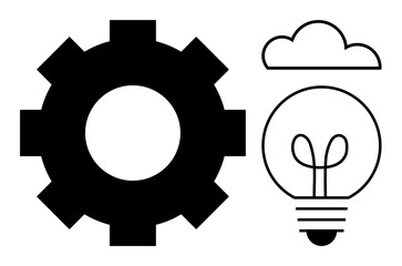 Gear next to light bulb with a cloud above, symbolizing creativity, development, innovation, technology, and problem-solving. Ideal for teamwork, planning, innovation collaboration or design