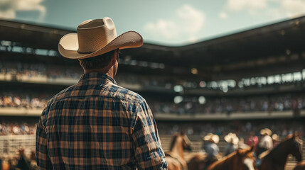 Cowboy in Plaid Shirt Watching Rodeo Event at Stadium during Calgary Stampede