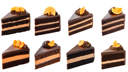Collection of various a slice of chocolate orange cake with a rich dark chocolate frosting and orange zest topping isolated on white transparent background PNG set