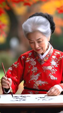 Mature Korean woman wearing vibrant red Hanbok painting Hanja characters with traditional brush, displaying calligraphic artistry amid autumn leaves and cultural heritage