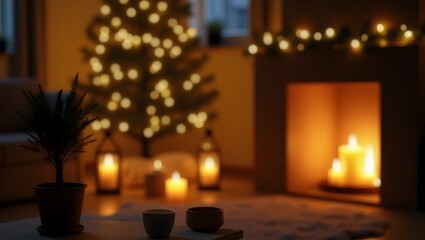 A charming living room showcasing a fireplace and decorative candles, providing a warm and inviting setting.