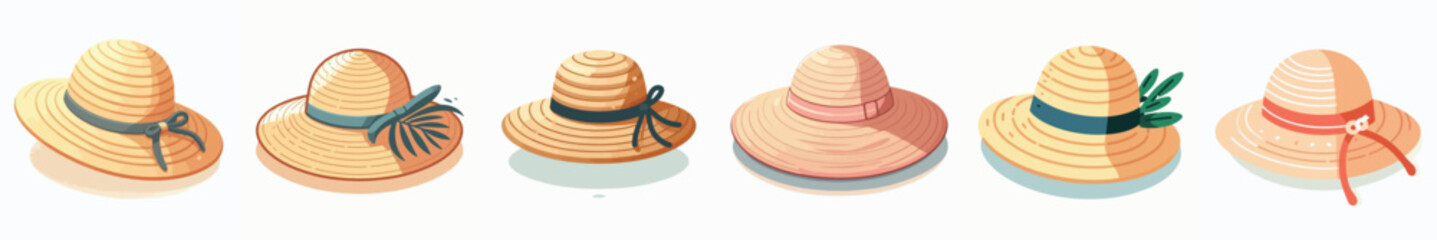 Beautiful straw beach hats, vector set