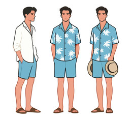 A man is wearing a beach shirt on a summer vacation, vector set
