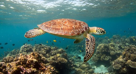 Naklejka premium Majestic Green Sea Turtle Gracefully Navigating a Vibrant Coral Reef Ecosystem