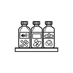 Three outlined medicine bottles sit neatly showcasing various capsules with a transparent background