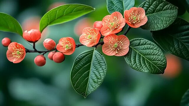 Vibrant close-up of coral beauty blossoms and lush foliage in a serene botanical arrangement