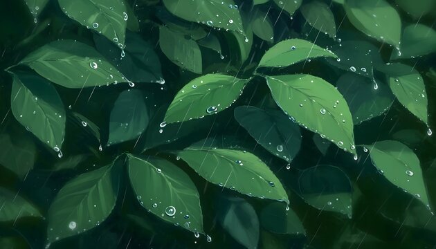 Close-up of green leaves with water drops anime style