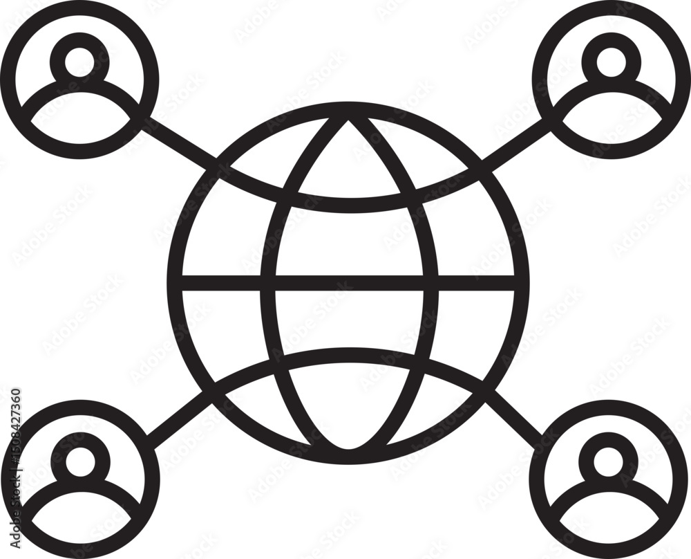 Poster globe with connected people icons represents global communication and networking. simple line art st