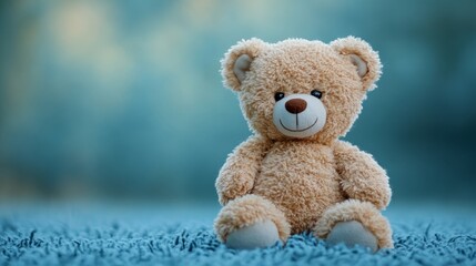 Fototapeta premium A charming teddy bear smiles softly on a cozy rug, evoking comfort and childhood joy in a peaceful setting
