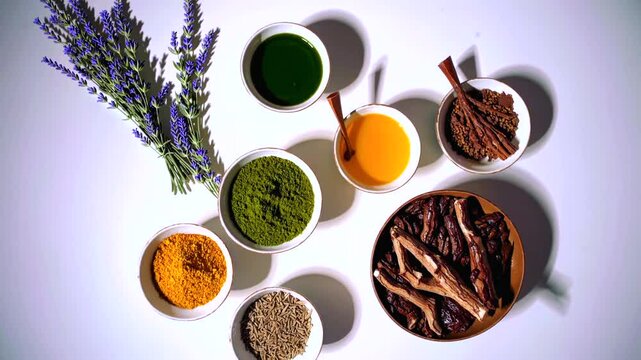 Natural medicine ingredients turmeric, lavender, cumin, matcha tea, ashwagandha arranged neatly on pristine white surface