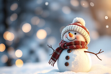 Happy festive snowman decoration on fresh winter snow, Generative AI