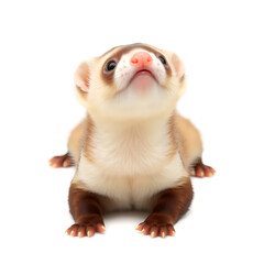 Cute young ferret laying down facing front with head lifted up, looking to camera. Isolated on a white background.