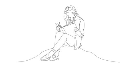 Girl Reading a Book Outdoors – Minimal Line Art Illustration

