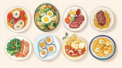 Assorted illustrated food dishes on plates.