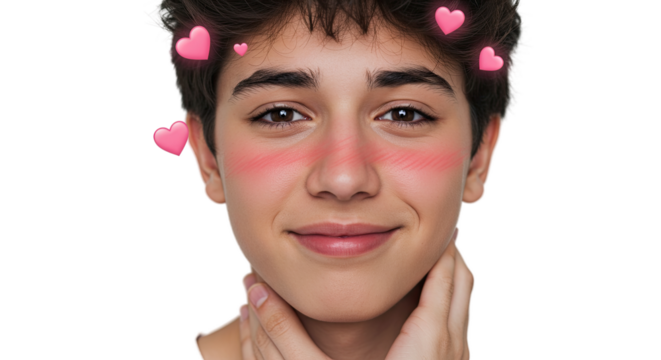 A young person with blushing cheeks and hearts, expressing affection and happiness
