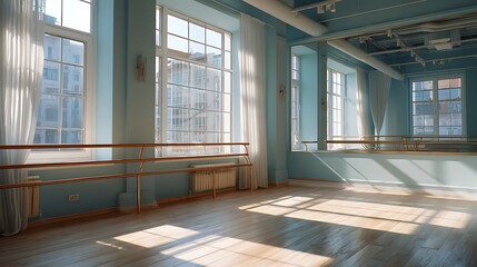 Fototapeta premium Empty Studio with Large Windows and Sunlight Streaming in
