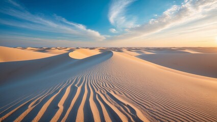 Breathtaking desert sunrise with golden light, vast dunes, serene atmosphere, and stunning natural beauty.