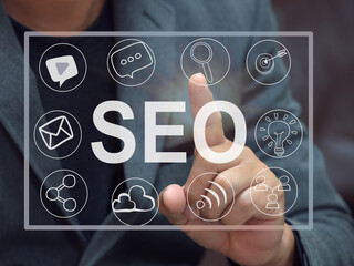 Focus on businessman's finger using AI target icon. Website SEO for search engine ranking or SEO...