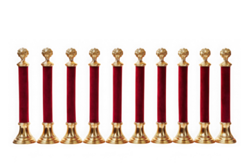 Ten gold and red velvet stanchions isolated on transparent background