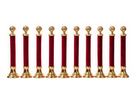 Ten gold and red velvet stanchions isolated on transparent background