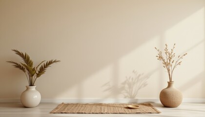 create a boho inspired art piece featuring a beige background with minimalistic monochrome elements such as an empty table and vase on a mockup product showcase wall scene