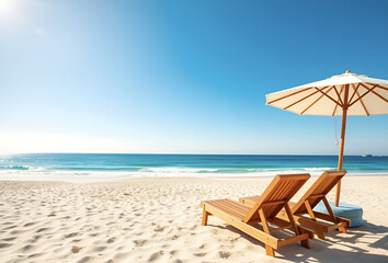 Tropical beach with chairs and umbrellas on the white sand, perfect for summer vacation relaxation by the ocean, Generative AI