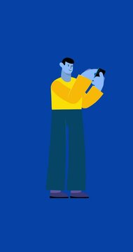 Blue body man working on phone isolated vertical 9:16. Cartoon animated businessman character finger scroll gsm phone screen. Business explainer flat design people serie movie video seamless loop.
