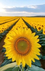 Obraz premium Aerial view vast sunflower field golden blooms