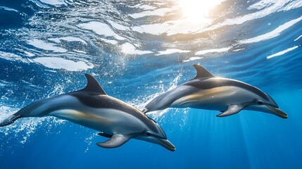 Fototapeta premium Dolphins flipping playfully in ocean swells under a glowing midday sun, with the bright blue water filled with light and glinting highlights.