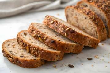 Freshly Sliced Whole Grain Bread with Seeds on a Marble Surface for Healthy Eating and Baking Inspiration