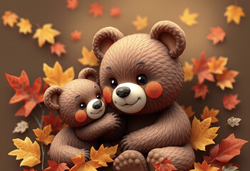 A soft brown teddy bear sits among colorful autumn leaves, a beloved childhood toy, Generative AI