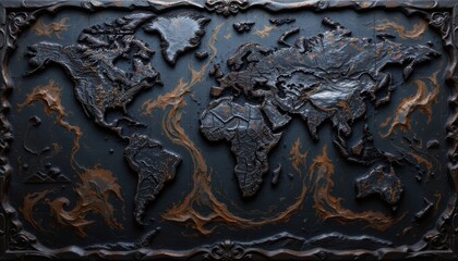 20250522151443list 35 create a captivating image of an intricately carved dark world map showcasing the textured continents and swirling patterns under soft illumination
