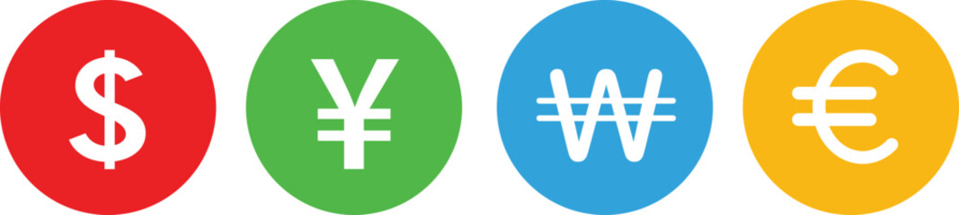 Money Currency symbol icons.
Dollar, Yen, Won, Euro symbol sign. Vector design elements.