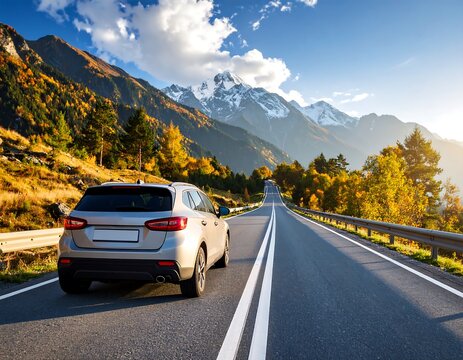 Scenic mountain road trip; silver SUV drives along winding asphalt road, autumn foliage