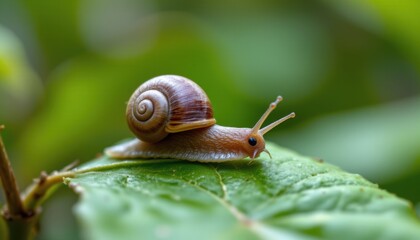cute snail standing on green leaf, isolated background, close up view, created using, for cyberpunk style photo, subject at the bottom with ample copy space at the top.