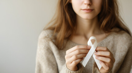 young woman gently holding a white ribbon in her hands, soft expression of hope